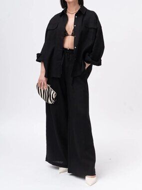 Hari Casuals 100% Linen High Rise Wide Leg Palazzo Pants in Black Size XL